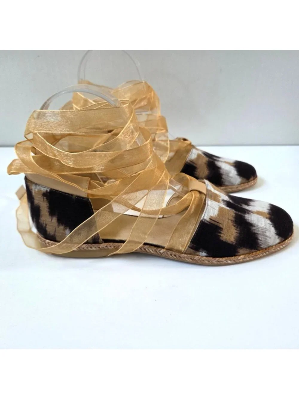 Stuart Weitzman Flats 7 Beige Black Calico Linen Espadrille D'Orsay Lace Up NEW